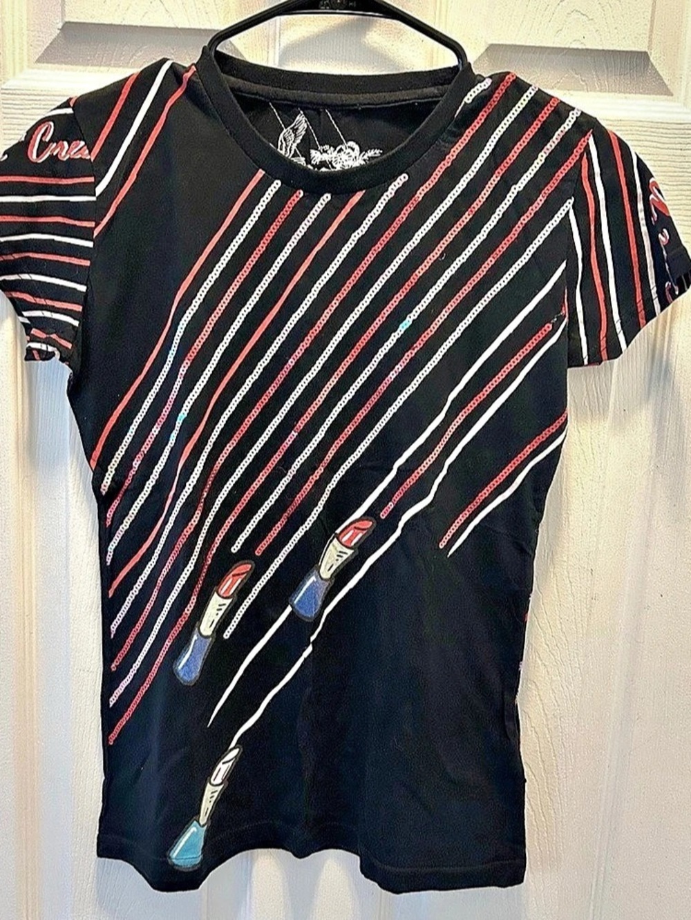 Sour ‘n Cream T-Shirt Women’s L Retro Japanese Brand Black Striped Sequin